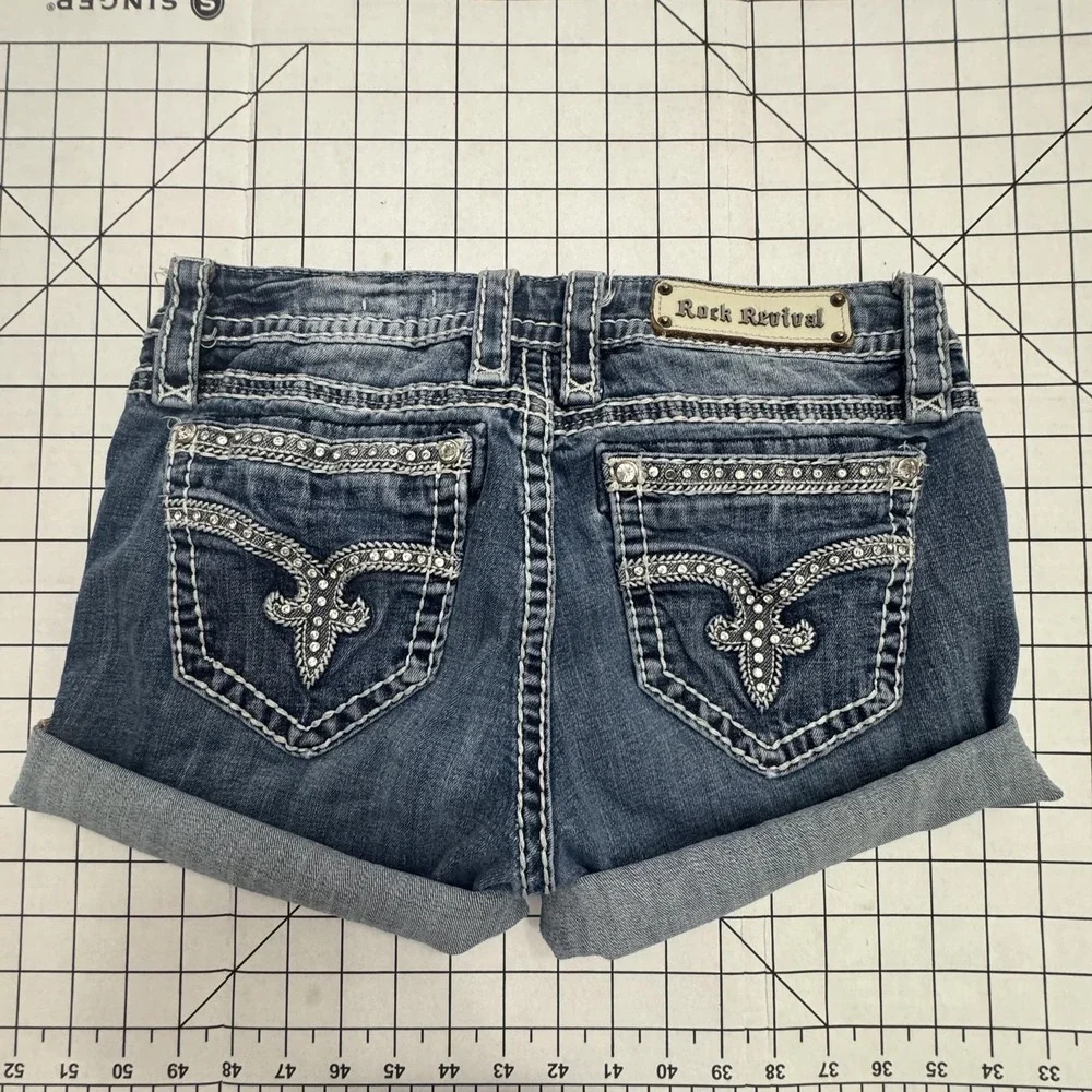 Rock Revival Shorts Womens 29 Blue Denim Cuffed Cut Off Rhinestone Pockets